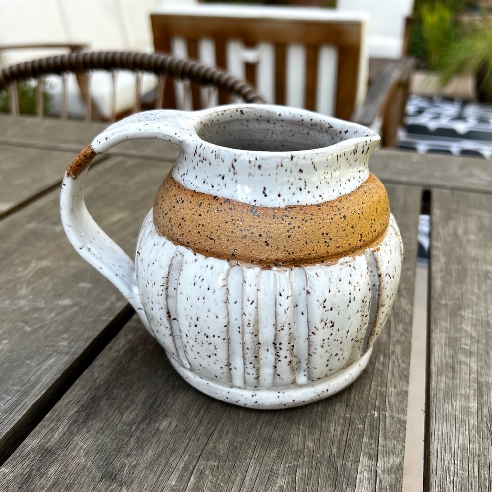 Studio Pottery White Speckled Glaze Small Pitcher Gravy Pitcher Artist Signed